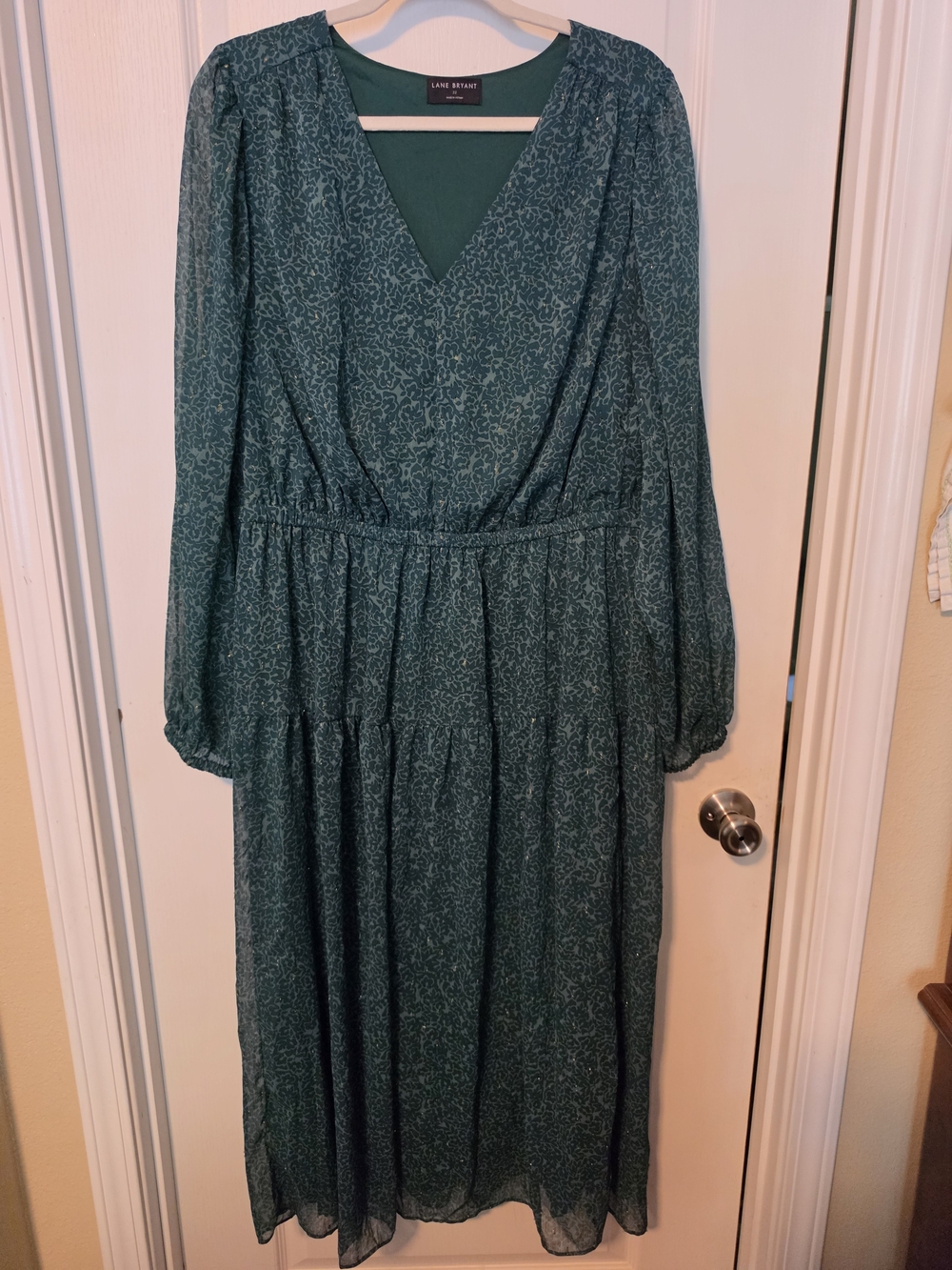 Lane Bryant Elegant Teal Green Printed V-Neck Midi Dress